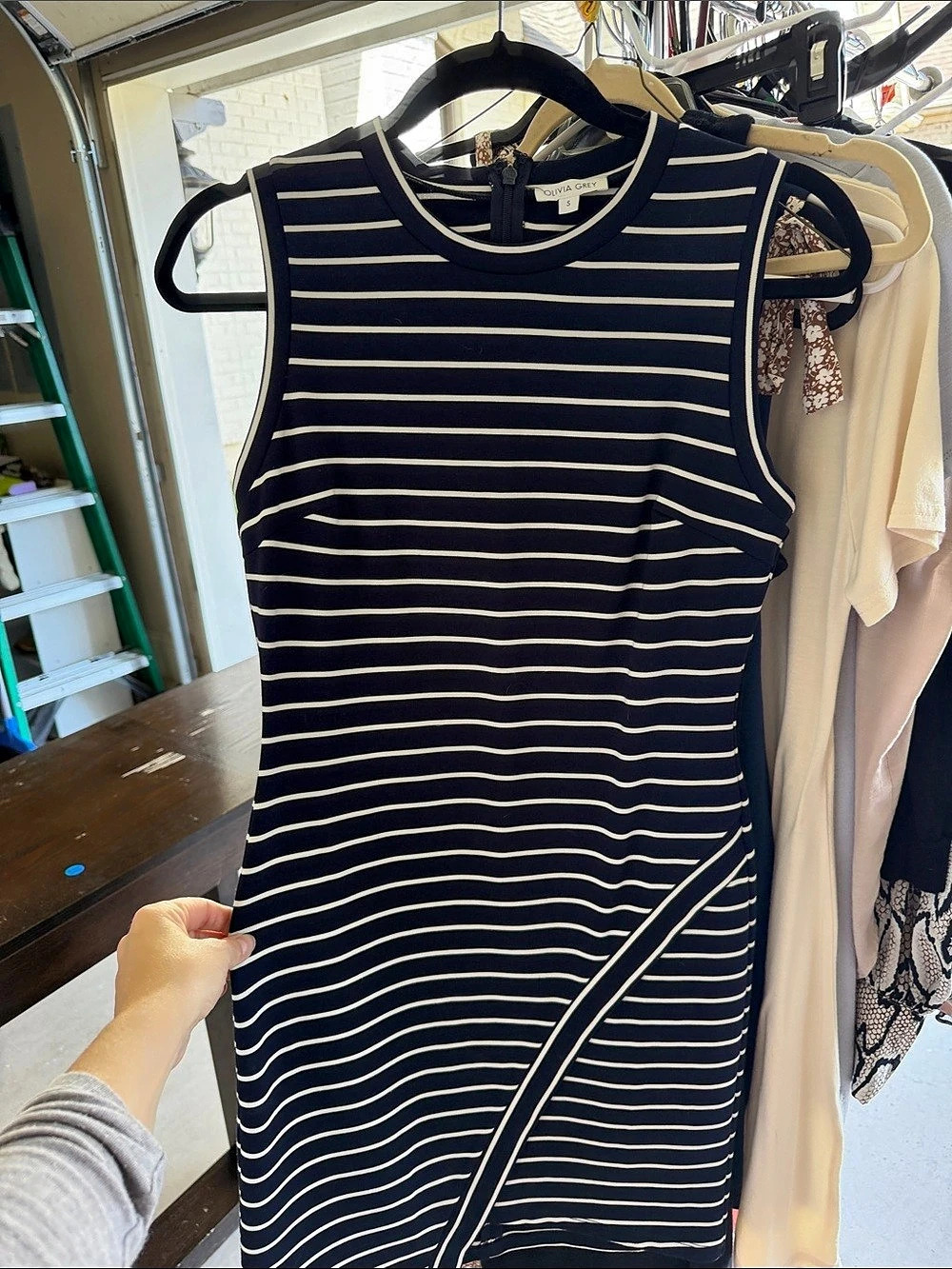 Olivia Grey Asymmetrical Striped Bodycon Dress Black & White Small